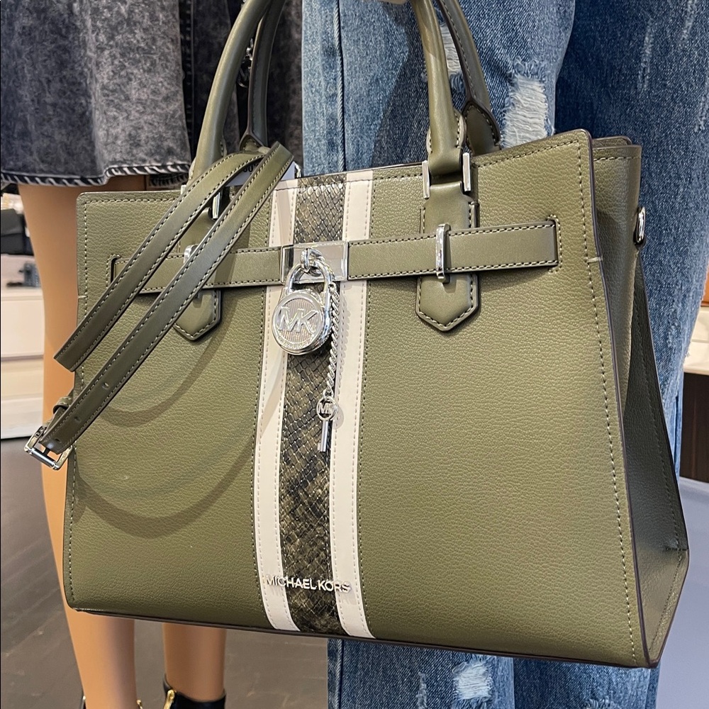 MICHAEL KORS Hamilton Md Leather and Snake Embossed Stripe Satchel
Olive 
NWT - Picture 14 of 16